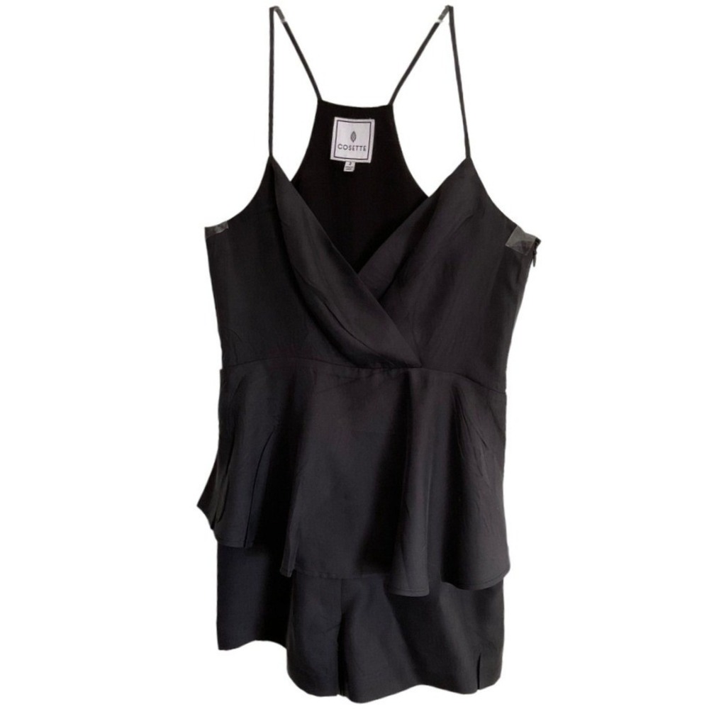 Cosette Women's Black Silk‎ Romper Size 2 Spaghetti Strap Peplum Overlay